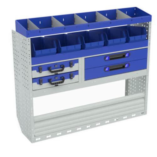 Georganiseerde bedrijfswagenwerkbank met opbergvakken en lades voor efficiënt gereedschap en materialen.