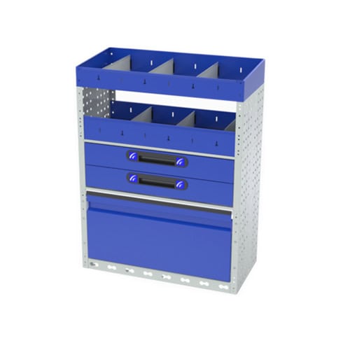 In hoogte verstelbare werkbakken en lades voor bedrijfswagens, ideaal voor efficiënte organisatie en werkruimte optimalisatie.