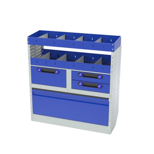 Raamwerk met opbergvakken en laden voor bedrijfswageninrichting, perfect voor het organiseren van gereedschap en materialen in bedrijfsvoertuigen.