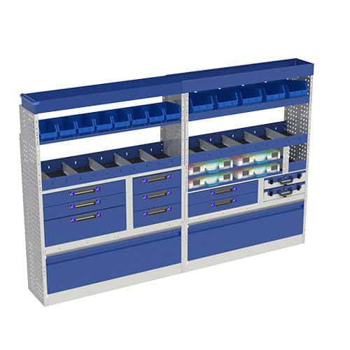 Een geavanceerd opbergsysteem voor bedrijfswagens met gemodulaire kasten, laden en compartimenten voor efficiënt gereedschap en materialenopslag.