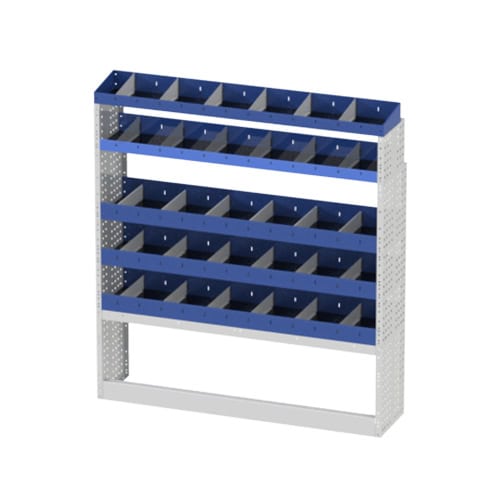 Stellingkast voor bedrijfswagens, ideaal voor gereedschap en onderdelen, customiseerbaar en robuust voor optimale organisatie in bedrijfsvoertuigen.