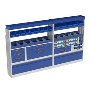 Geoogstpoort bedrijfswageninrichting met laden en opzetracks voor gereedschap en onderdelen.