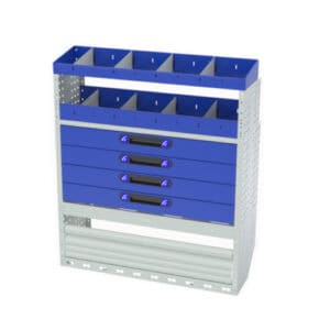 Robuuste blue industriële gereedschapskast met meerdere opbergladen en vakken, ideaal voor bedrijfswageninrichting en vakantiemontage.