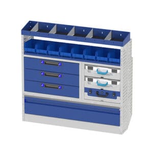 Ladesysteem voor bedrijfswagen, inklapbare bakken, vakken en opbergkasten voor efficiënt werk.