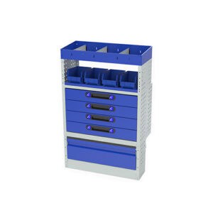 Kleurrijke en praktische bedrijfswagen inrichtingskast met meerdere lade- en opbergmogelijkheden, ideaal voor professioneel gebruik.