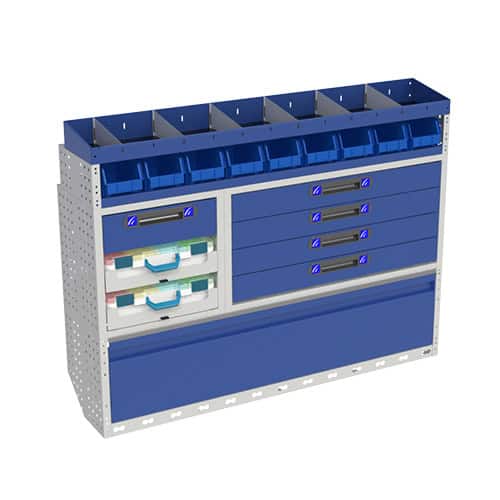 Stalen gereedschapskast voor bedrijfswagens met meerdere lades en opbergvakken, ideaal voor het organiseren van tools en kleinere onderdelen in bedrijfsvoertuigen.