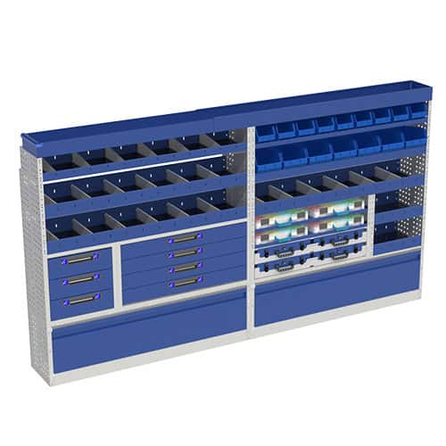 Multifunctionele bedrijfswageninrichting met opslag en gereedschapslades voor efficiënte organisatie.