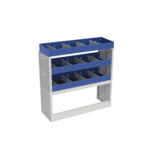 Veiligheidsgestelde werkbank met opbergvakken voor bedrijfswageninrichting, robuust en multifunctioneel.