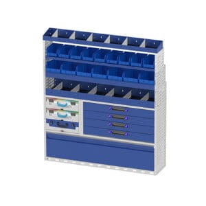 Organisatie wand met opbergmogelijkheden voor bedrijfswagens, industrieel gereedschap en onderdelen, ideaal voor efficiënt werken en overzicht in elke bedrijfswageninrichting.