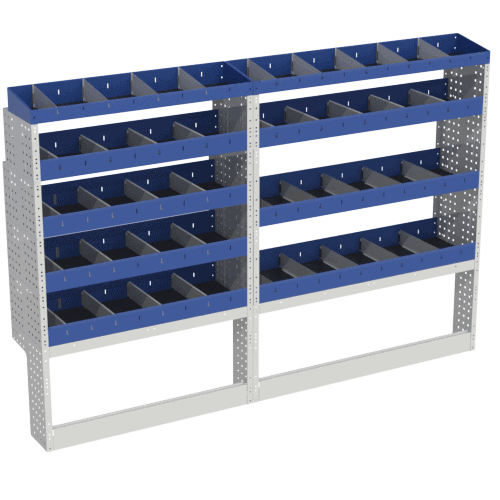 2. Geperforeerde metalen frame met blauw geperforeerde opbergkasten, perfecte organisatieoplossing voor bedrijfswagens en werkplaatsen.