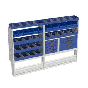 1. Stalen werkbank met diverse opbergbakken en laden voor bedrijfswageninrichting, ideaal voor gereedschap en onderdelen.