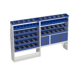 Duurzaam bedrijfswagenopbergsysteem met metalen en kunststof onderdelen voor optimale organisatie.