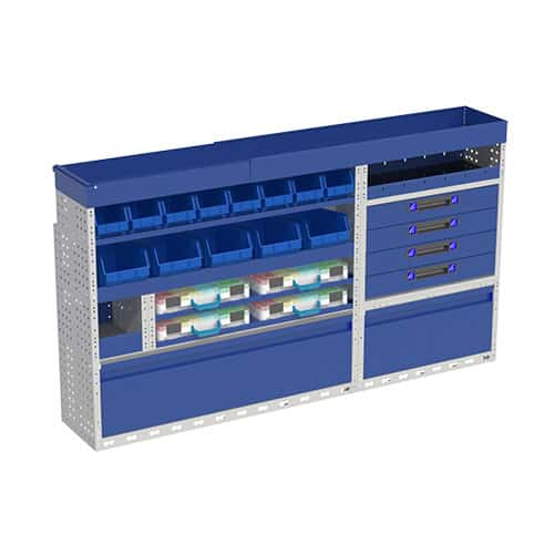 1. Geavanceerde bedrijfswageninrichting met diverse opbergruimtes en storage systemen voor efficiënt werken.