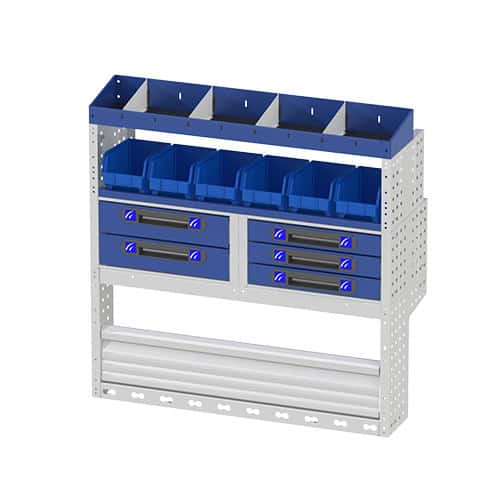 Duurzaam bedrijfswageninterieur met opbergkasten en sidepads voor optimaal gebruik en organisatie.