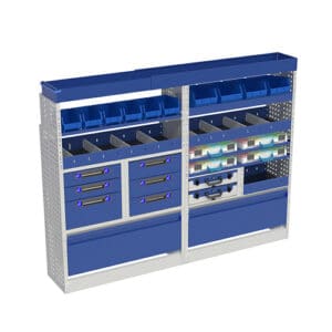 Vergroening: Ideale bedrijfswageninrichting voor professioneel gebruik, inclusief diverse opbergkasten en lades, perfect voor het organiseren van gereedschap en materialen.