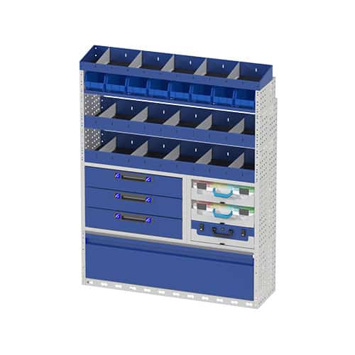 Veiligheidsopslag voor bedrijfswagen, opbergsysteem met diverse lades en vakken voor gereedschap en onderdelen. Optimale inrichting voor professionele bedrijfswagens.