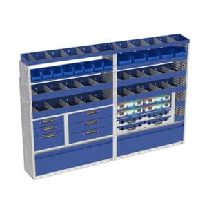 1. Geavanceerde bedrijfswageninrichting met slimme opbergkasten en opbergoplossingen voor bedrijfsvoertuigen.