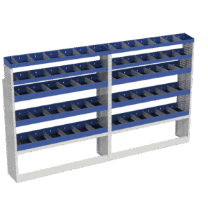 1. Robuuste blauwe opslagrekken voor bedrijfswagens en zakelijke opslag.