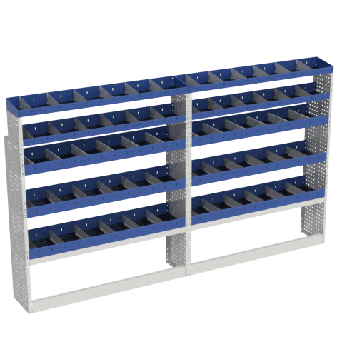 1. Robuuste blauwe opslagrekken voor bedrijfswagens en zakelijke opslag.