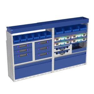 1. Goed georganiseerde bedrijfswageninrichting met ruime opbergkasten, lades en opbergruimte, ideaal voor professioneel gebruik in bedrijfswagens.