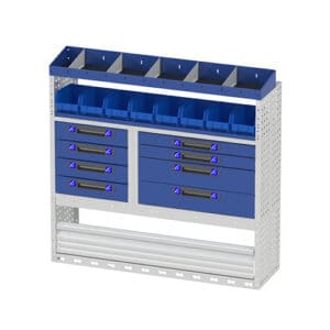 1. Moderne bedrijfswagen werkbank met diverse opbergkasten en lades voor efficiënte bedrijfswageninrichting.