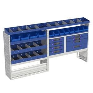 Voorraadkast voor bedrijfswageninrichting met blauw en zilver, ideaal voor opslag en organisatie in bedrijfsvoertuigen. Perfect op maat gemaakt voor diverse bedrijfswagenmodellen.