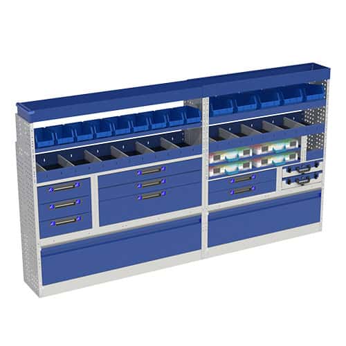 Grote blauwe bedrijfswageninrichting met opbergkasten en accessoires voor efficiënte werkplaatsorganisatie.