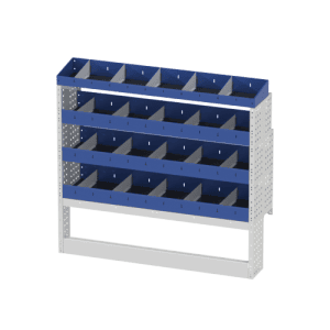 Kast voor bedrijfswageninrichting met meerdere opbergvakken in blauw en grijs.