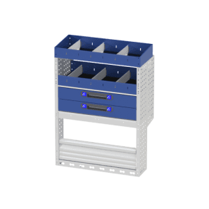 Grote opbergkast voor bedrijfswagens met meerdere vakken en lades, ideaal voor gereedschap en accessoires in bedrijfsauto's en werkplaatsen.