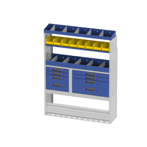 Gevarendepot met diverse vakken en laden voor bedrijfswageninrichting, ideaal voor georganiseerd opslag en werkplaatsbeheer.