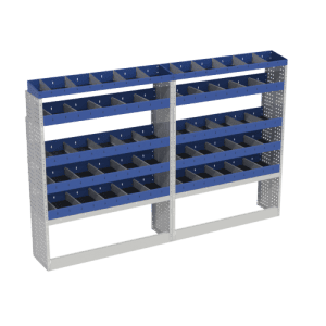 Grote metalen indelingskast met veel blauwe vakken, ideaal voor bedrijfswageninrichting en ordening van gereedschap en onderdelen.
