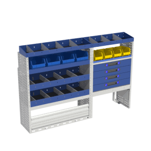 Geladen met diverse opslagvakken en lades, ideaal voor bedrijfswagens voor optimaal organisatie en efficiëntie.