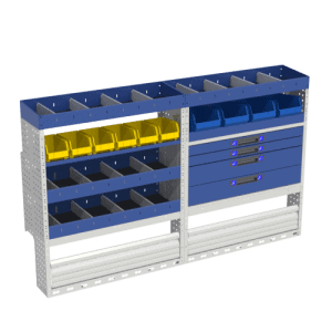 Werkbank met geordende opbergBoxen en laden voor bedrijfswagens, ideaal voor organisatie en efficiëntie in werkplaatsen en vrachtwageninrichting.