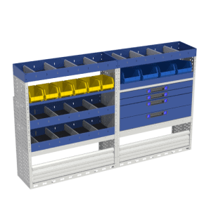 Geveerde bedrijfswageninrichting met diverse opbergvakken en laden voor optimale organisatie.