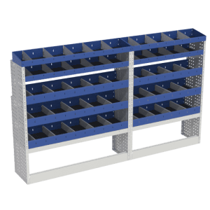 Rubbermaid gereedschap opslagwand met blauwe en grijze opbergbakken voor bedrijfsvoertuigen, ideaal voor organisatie en efficiëntie.