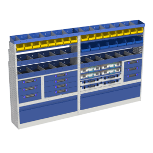 Gewindekast en indeling voor bedrijfswagen, ideaal voor organisatie en opslag van gereedschap, onderdelen en accessoires in bedrijfsvoertuigen.