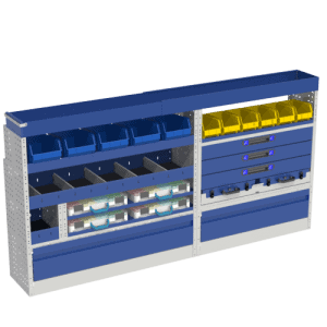 Robuuste bedrijfswageninrichting met opbergruimtes, laden en vakken voor gereedschap en accessoires, ideaal voor professionals die efficiënt willen werken.