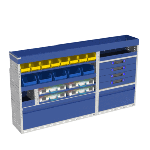 Gereedschap en opbergsysteem voor bedrijfswagens met verschillende laden en opbergvakken, ideaal voor professionele bedrijfswageninrichting.