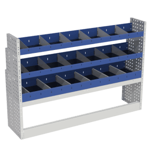 Twee brede, blauwe opbergrekken met verstelbare legborden en zwarte compartimenten, ideaal voor bedrijfswageninrichting en organisatie.