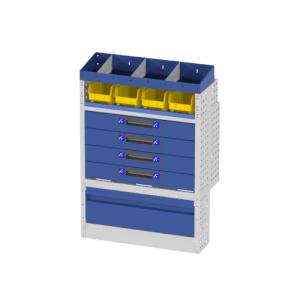 Zweedelige bedrijfswagenkast met verdeel- en ladesysteem voor professioneel gebruik.