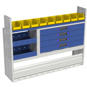 Flexibele bedrijfswageninrichting met opbergruimte, lades en stevige opbergboxen voor optimaal opslagbeheer in bedrijfsvoertuigen.