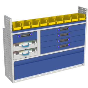 Geschikte bedrijfswageninrichting met opbergrekken en lades, ideaal voor organisatie en efficiëntie.