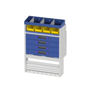 Stambling carrousel met werkbank en opbergkasten voor bedrijfswageninrichting.