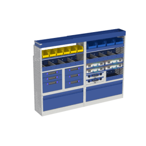 Houten gereedschapsopslagkast voor bedrijfswagens met verschillende opbergvakjes en laden voor organisatie van kleine onderdelen en gereedschap.