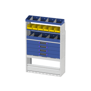 Robuuste bedrijfswagenindeling met diverse vakken en laden voor organisatie en werkcomfort.