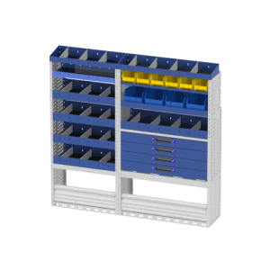 Beschikbaarstelling van modulair bedrijfswageninrichting voor optimale benutting van laadruimte, met diverse legborden, opbergkisten en laden voor efficiënt werk in iedere bedrijfswagen.