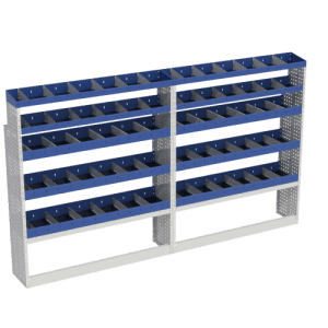 Grote blauwe gevederde opslagkast voor bedrijfswageninrichting met meerdere vakken voor gereedschap en accessoires.