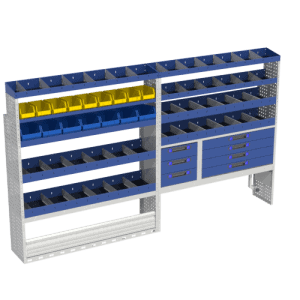 Metaal werkbank met opbergvakken en laden voor bedrijfswageninrichting.