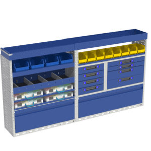 Werkplaatsopslag voor bedrijfswagens, gereedschap en onderdelen, duurzame inrichting met modulair ontwerp, ideaal voor professionele werkplaatsen en bedrijfswagens.