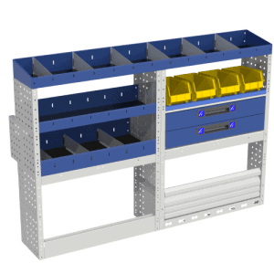 Ladeblok voor bedrijfswageninrichting met opbergvakken en lades, ideaal voor logistieke en werkvoertuigen.